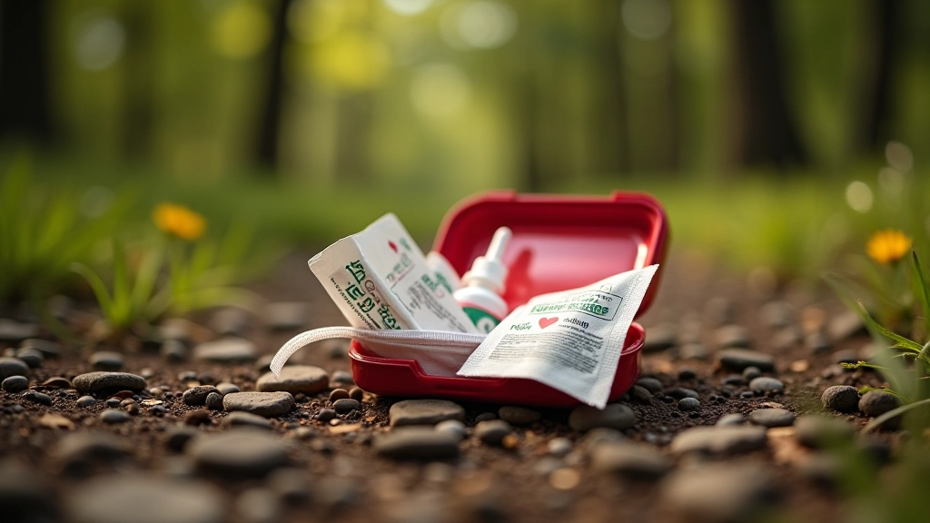 Přenosný kit první pomoci s obvazy, dezinfekčním prostředkem a hojivými plestrami na cestě